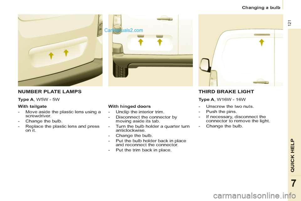 Peugeot Partner 2011 Owners Manual - RHD (UK, Australia) 121
QUICK HELP
7
Changing a bulb
NUMBER PLATE LAMPS
- Unscrew the two nuts.
- Push the pins.
- If necessary, disconnect the
connector to remove the light.
- Chang Peugeot Partner 2011 Owners Manual - RHD (UK, Australia) 121
QUICK HELP
7
Changing a bulb
NUMBER PLATE LAMPS
- Unscrew the two nuts.
- Push the pins.
- If necessary, disconnect the
connector to remove the light.
- Chang