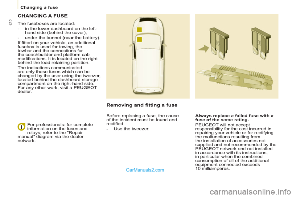 Peugeot Partner 2011 Owners Manual - RHD (UK, Australia) 122
Changing a fuse
CHANGING A FUSE
The fuseboxes are located:
- in the lower dashboard on the left-
hand side (behind the cover),
- under the bonnet (near the battery). Peugeot Partner 2011 Owners Manual - RHD (UK, Australia) 122
Changing a fuse
CHANGING A FUSE
The fuseboxes are located:
- in the lower dashboard on the left-
hand side (behind the cover),
- under the bonnet (near the battery).