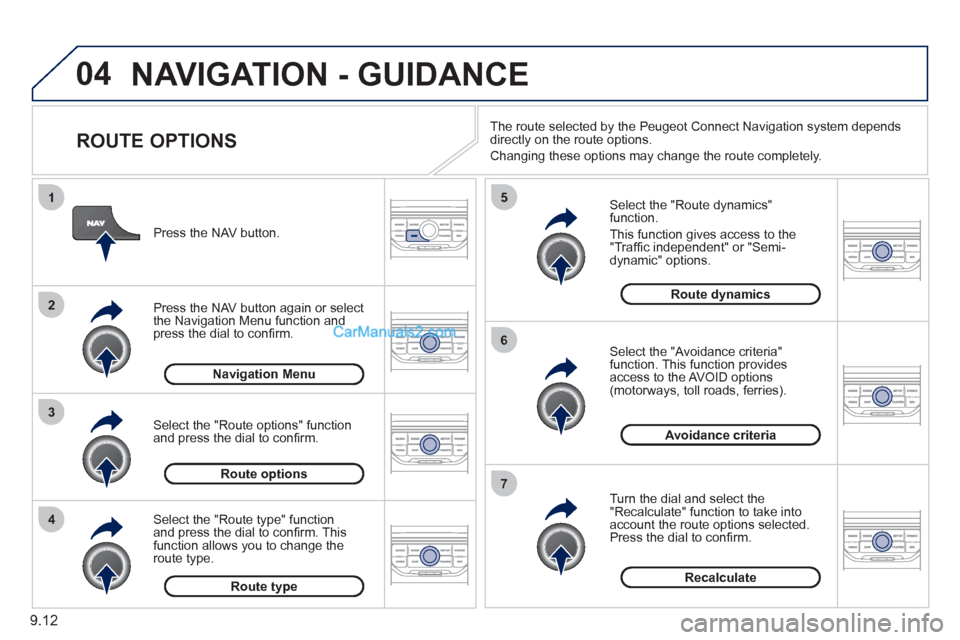 Peugeot Partner 2011  Owners Manual - RHD (UK, Australia) 04
4
3
2
1
7
6
5
9.12
NAVIGATION - GUIDANCE 
   
ROUTE OPTIONS 
 
 
Select the "Route dynamics"function.
  This 
function gives access to the "Trafﬁ c independent" or "Semi-
dynamic" options. 
   
S