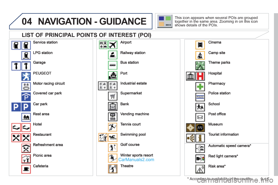 Peugeot Partner 2011  Owners Manual - RHD (UK, Australia) 04
9.15
NAVIGATION - GUIDANCE 
   
LIST OF PRINCIPAL POINTS OF INTEREST (POI) 
* 
  According to availability in the country.   This icon appears when several P
OIs are grouped 
together in the same a