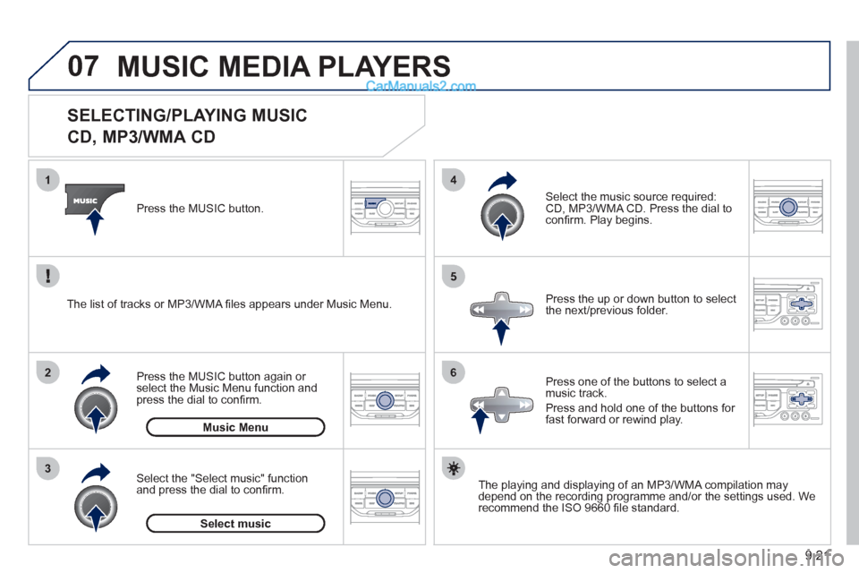 Peugeot Partner 2011  Owners Manual - RHD (UK, Australia) 07
3 2 1
6
4
5
9.21
   
 
 
 
 
 
 
 
 
 
 
 
SELECTING/PLAYING MUSIC  
CD, MP3/WMA CD 
The playing and displaying of an MP3/WMA compilation may
depend on the recording programme and/or the settings u