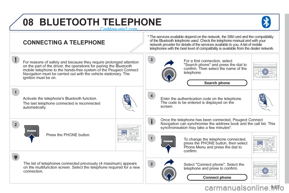 Peugeot Partner 2011  Owners Manual - RHD (UK, Australia) 08
1
2
3
2 1 4
9.23
*    
The services available depend on the network, the SIM card and the compatibility 
of the Bluetooth telephone used. Check the telephone manual and with your 
network provider 