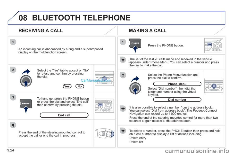 Peugeot Partner 2011  Owners Manual - RHD (UK, Australia) 08
1
3 2
2 1
9.24
Select the "Yes" tab to accept or "No"
to refuse and conﬁ rm by pressing 
the dial. 
   
RECEIVING A CALL    
MAKING A CALL 
 
 An incoming call is announced by a ring and a superi