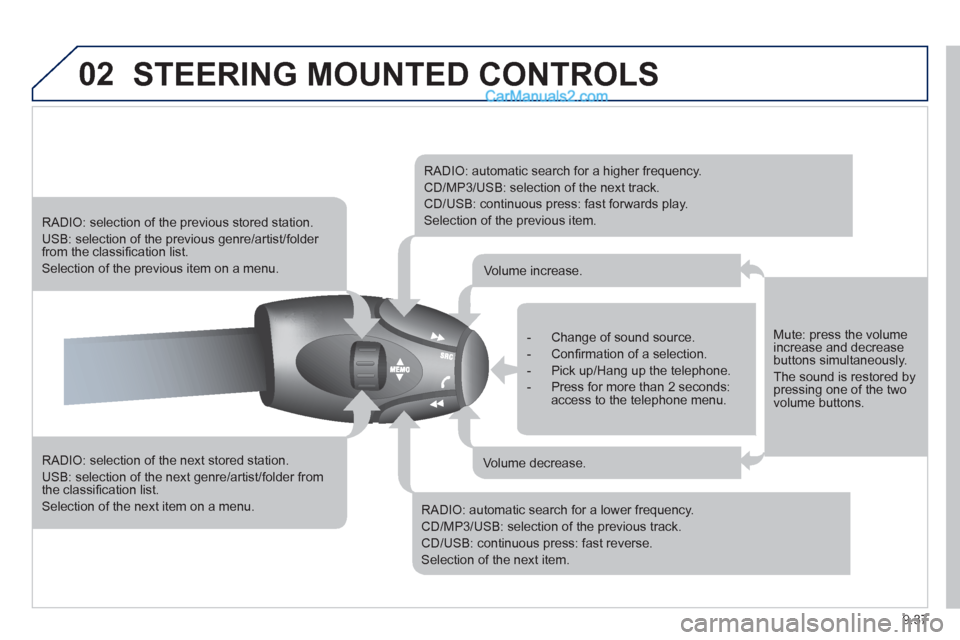 Peugeot Partner 2011  Owners Manual - RHD (UK, Australia) 9.37
02STEERING MOUNTED CONTROLS 
   
RADIO: selection of the next stored station. 
 
USB: selection of the next genre/artist/folder from the classiﬁ cation list.
 Selection of the next item on a me