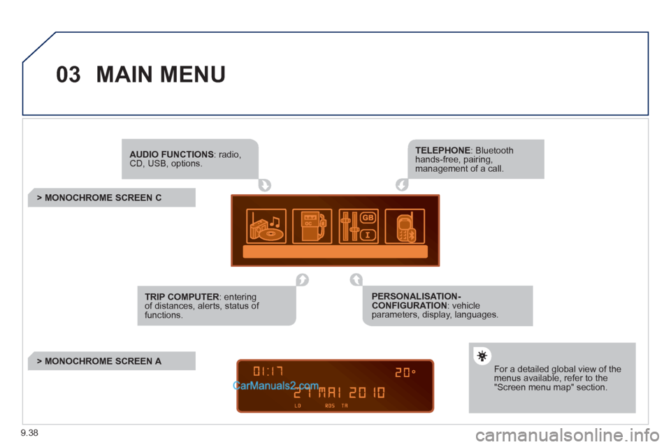 Peugeot Partner 2011  Owners Manual - RHD (UK, Australia) 9.38
03MAIN MENU
AUDIO FUNCTIONS: radio,CD, USB, options.
   
 
 
 
 
 
 
 
> MONOCHROME SCREEN C
For a detailed global view of the menus available, refer to the"Screen menu map" section.
TELEPHONE: B