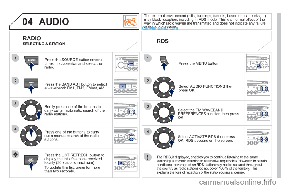 Peugeot Partner 2011  Owners Manual - RHD (UK, Australia) 9.39
04
1
2
3
4
1
2
3
4
AUDIO
  Press the SOURCE button several 
times in succession and select theradio.  
   
Press the BAND A
ST button to select 
a waveband: FM1, FM2, FMast, AM.  
   
Brieﬂ 
y 