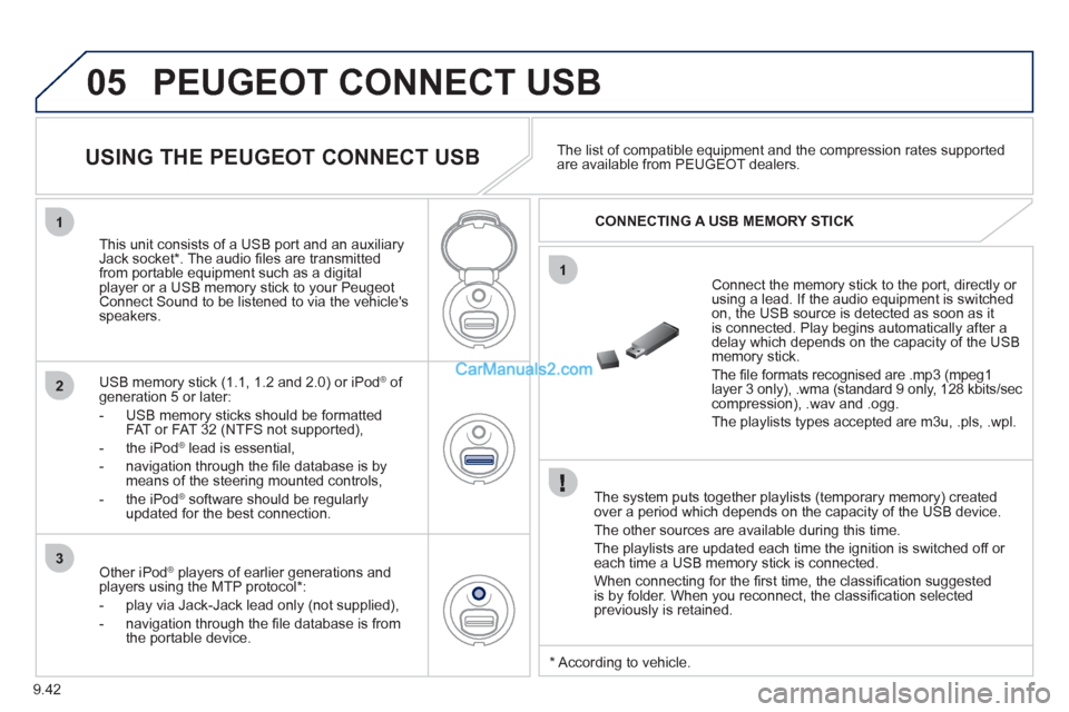 Peugeot Partner 2011  Owners Manual - RHD (UK, Australia) 9.42
05
1
1
2
3
PEUGEOT CONNECT USB 
   
The system puts together playlists (temporary memory) createdover a period which depends on the capacity of the USB device. 
  The other sources are available 