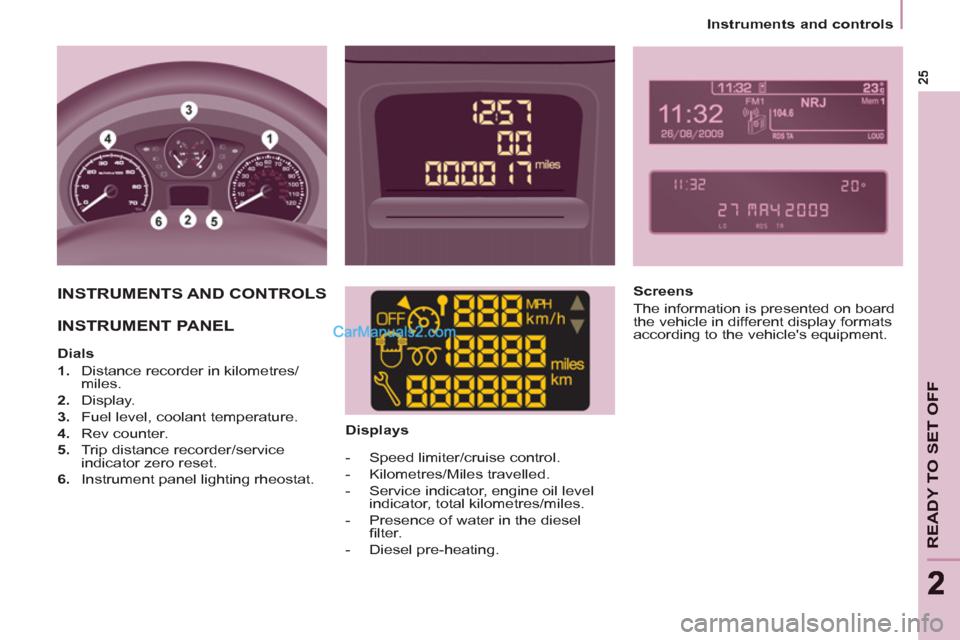 Peugeot Partner 2011   - RHD (UK, Australia) Owners Guide READY TO SET OFF
22
   
 
Instruments and controls  
 
 
INSTRUMENTS AND CONTROLS  
  INSTRUMENT PANEL  
 
 
 
Dials 
   
 
1. 
  Distance recorder in kilometres/
miles. 
   
2. 
 Display. 
   
3. 
  