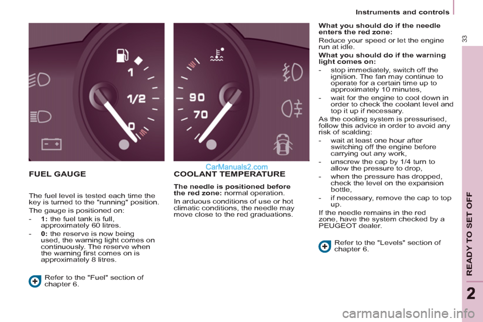 Peugeot Partner 2011 Owners Manual - RHD (UK, Australia) 33
READY TO SET OFF
22
Instruments and controls
FUEL GAUGE COOLANT TEMPERATURE
The needle is positioned before
the red zone:
normal operation.
In arduous conditions of use or hot Peugeot Partner 2011 Owners Manual - RHD (UK, Australia) 33
READY TO SET OFF
22
Instruments and controls
FUEL GAUGE COOLANT TEMPERATURE
The needle is positioned before
the red zone:
normal operation.
In arduous conditions of use or hot