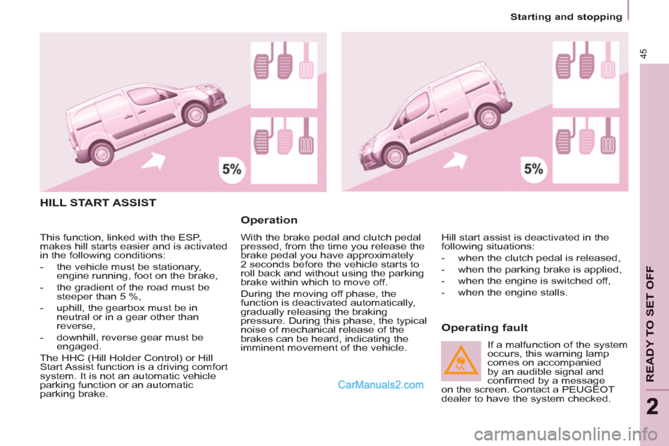 Peugeot Partner 2011   - RHD (UK, Australia) Service Manual 45
READY TO SET OFF
22
Starting and stopping
  HILL START ASSIST
   
Operation 
 
With the brake pedal and clutch pedal 
pressed, from the time you release the 
brake pedal you have approximately 
2 s