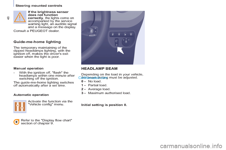 Peugeot Partner 2011  Owners Manual - RHD (UK, Australia) 48
   
 
Steering mounted controls  
 
   
 
If the brightness sensor 
does not function 
correctly 
, the lights come on 
accompanied by the service 
warning light, an audible signal 
and a message o