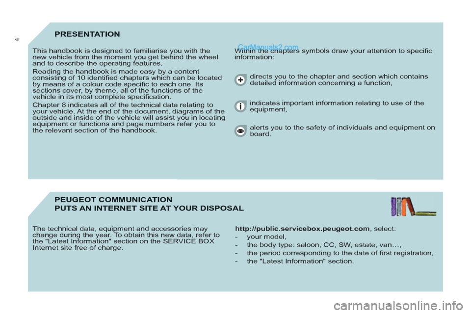 Peugeot Partner 2011 Owners Manual - RHD (UK, Australia) 4PRESENTATION
Within the chapters symbols draw your attention to specifi c
information: This handbook is designed to familiarise you with the
new vehicle from the moment you get behind the whe Peugeot Partner 2011 Owners Manual - RHD (UK, Australia) 4PRESENTATION
Within the chapters symbols draw your attention to specifi c
information: This handbook is designed to familiarise you with the
new vehicle from the moment you get behind the whe