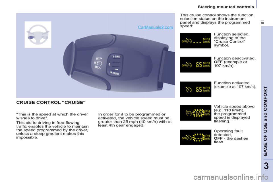 Peugeot Partner 2011   - RHD (UK, Australia) Workshop Manual 51
   
 
Steering mounted controls  
 
EASE OF USE and COMFOR
T
3
 
CRUISE CONTROL "CRUISE" 
 
In order for it to be programmed or 
activated, the vehicle speed must be 
greater than 25 mph (40 km/h) 