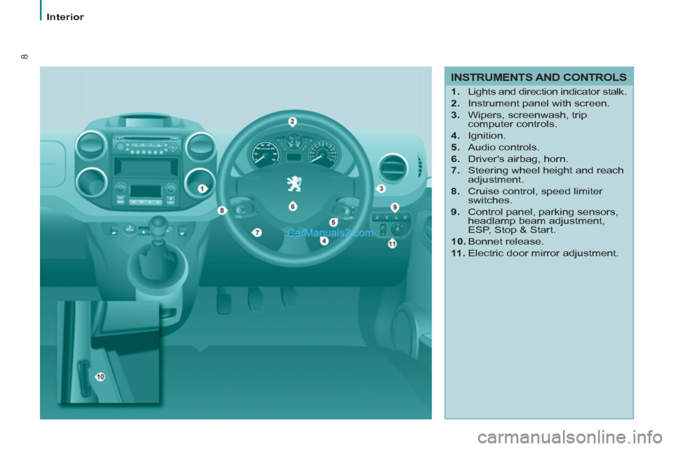 Peugeot Partner 2011  Owners Manual - RHD (UK, Australia) 8
   
INSTRUMENTS AND CONTROLS 
 
 
 
1. 
  Lights and direction indicator stalk. 
   
2. 
  Instrument panel with screen. 
   
3. 
  Wipers, screenwash, trip 
computer controls. 
   
4. 
 Ignition. 
