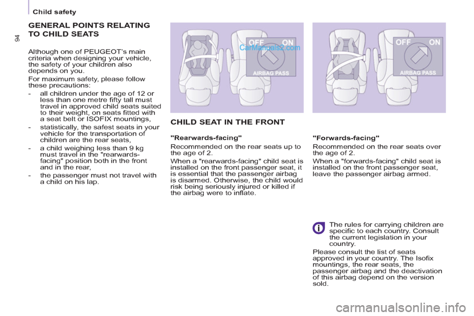 Peugeot Partner 2011 - RHD (UK, Australia) Owners Manual
Child safety
94
GENERAL POINTS RELATING
TO CHILD SEATS
Although one of PEUGEOT’s main
criteria when designing your vehicle,
the safety of your children also
depends on you.
For Peugeot Partner 2011 - RHD (UK, Australia) Owners Manual
Child safety
94
GENERAL POINTS RELATING
TO CHILD SEATS
Although one of PEUGEOT’s main
criteria when designing your vehicle,
the safety of your children also
depends on you.
For