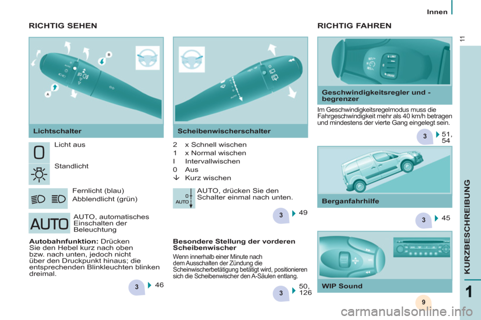 Peugeot Partner 2011  Betriebsanleitung (in German) 3
3
3
3
9
3
11
KURZBESCHREIBUNG
   
 
Innen  
 
  Licht aus 
  Standlicht 
  Fernlicht (blau)  
Abblendlicht (grün)   2   x Schnell wischen  
1   x Normal wischen  
I   Intervallwischen  
0   Aus  
 