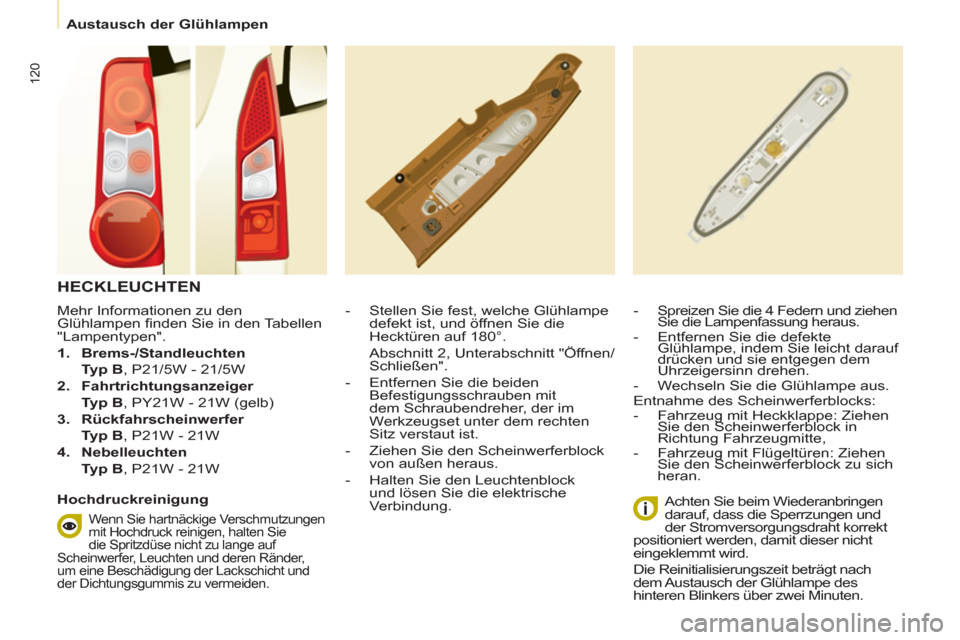 Peugeot Partner 2011 Betriebsanleitung (in German) 120
Austausch der Glühlampen
Mehr Informationen zu den
Glühlampen fi nden Sie in den Tabellen
"Lampentypen".
1.
Brems-/Standleuchten
Typ B
, P21/5W - 21/5W
2. Peugeot Partner 2011 Betriebsanleitung (in German) 120
Austausch der Glühlampen
Mehr Informationen zu den
Glühlampen fi nden Sie in den Tabellen
"Lampentypen".
1.
Brems-/Standleuchten
Typ B
, P21/5W - 21/5W
2.