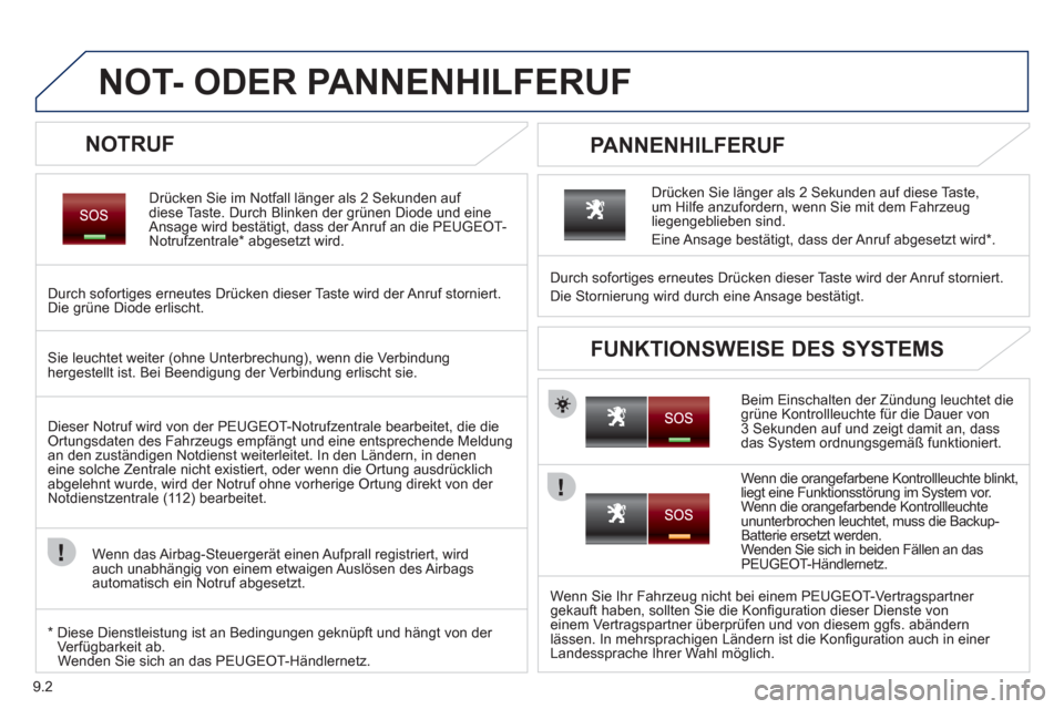 Peugeot Partner 2011 Betriebsanleitung (in German) 9.2
NOT- ODER PANNENHILFERUF
NOTRUF
Drücken Sie im Notfall länger als 2 Sekunden auf
diese Taste. Durch Blinken der grünen Diode und eine
Ansage wird bestätigt, dass der Anruf Peugeot Partner 2011 Betriebsanleitung (in German) 9.2
NOT- ODER PANNENHILFERUF
NOTRUF
Drücken Sie im Notfall länger als 2 Sekunden auf
diese Taste. Durch Blinken der grünen Diode und eine
Ansage wird bestätigt, dass der Anruf
