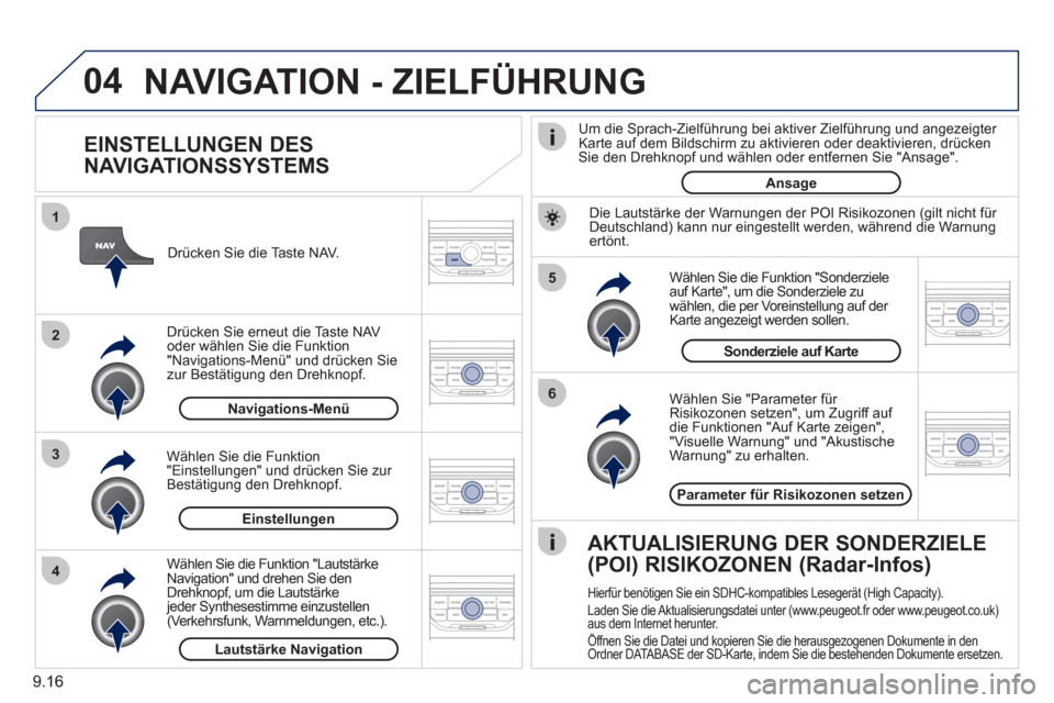 Peugeot Partner 2011 Betriebsanleitung (in German) 9.16
04
5
6
3 2 1
4
EINSTELLUNGEN DES
NAVIGATIONSSYSTEMS
Wählen Sie "Parameter für Risikozonen setzen" , um Zugriff auf
die Funktionen "Auf Karte zeigen" ,
"Visuelle Warnung" und "A Peugeot Partner 2011 Betriebsanleitung (in German) 9.16
04
5
6
3 2 1
4
EINSTELLUNGEN DES
NAVIGATIONSSYSTEMS
Wählen Sie "Parameter für Risikozonen setzen" , um Zugriff auf
die Funktionen "Auf Karte zeigen" ,
"Visuelle Warnung" und "A