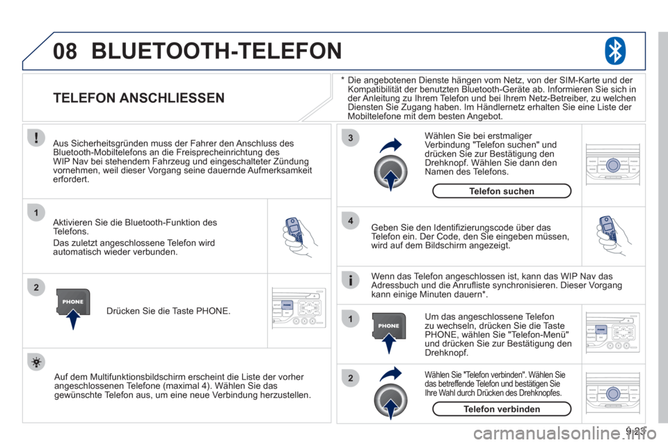 Peugeot Partner 2011 Betriebsanleitung (in German) 9.23
08
1
2
3
2 1 4
*
Die angebotenen Dienste hängen vom Netz, von der SIM-Karte und der
Kompatibilität der benutzten Bluetooth-Geräte ab. Informieren Sie sich in
der Anleitung zu Ihrem Telefo Peugeot Partner 2011 Betriebsanleitung (in German) 9.23
08
1
2
3
2 1 4
*
Die angebotenen Dienste hängen vom Netz, von der SIM-Karte und der
Kompatibilität der benutzten Bluetooth-Geräte ab. Informieren Sie sich in
der Anleitung zu Ihrem Telefo