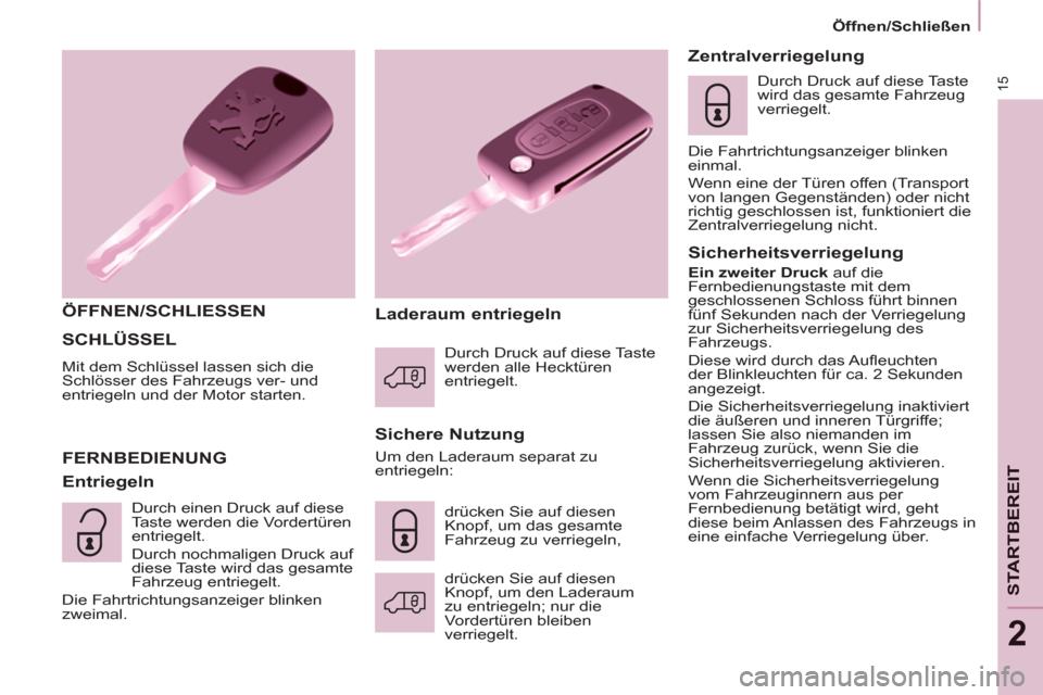 Peugeot Partner 2011  Betriebsanleitung (in German) 15
STARTBEREIT
2
  SCHLÜSSEL 
 
Mit dem Schlüssel lassen sich die 
Schlösser des Fahrzeugs ver- und 
entriegeln und der Motor starten. 
   
ÖFFNEN/SCHLIESSEN  
   
Sichere Nutzung 
  FERNBEDIENUNG