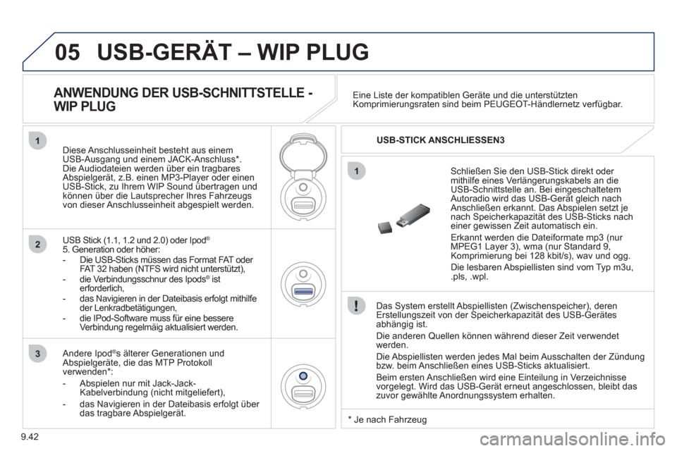 Peugeot Partner 2011 Betriebsanleitung (in German) 9.42
05
1
1
2
3
USB-GERÄT – WIP PLUG
Das System erstellt Abspiellisten (Zwischenspeicher), deren Erstellungszeit von der Speicherkapazität des USB-Gerätes
abhängig ist.
Die anderen
Quelle Peugeot Partner 2011 Betriebsanleitung (in German) 9.42
05
1
1
2
3
USB-GERÄT – WIP PLUG
Das System erstellt Abspiellisten (Zwischenspeicher), deren Erstellungszeit von der Speicherkapazität des USB-Gerätes
abhängig ist.
Die anderen
Quelle