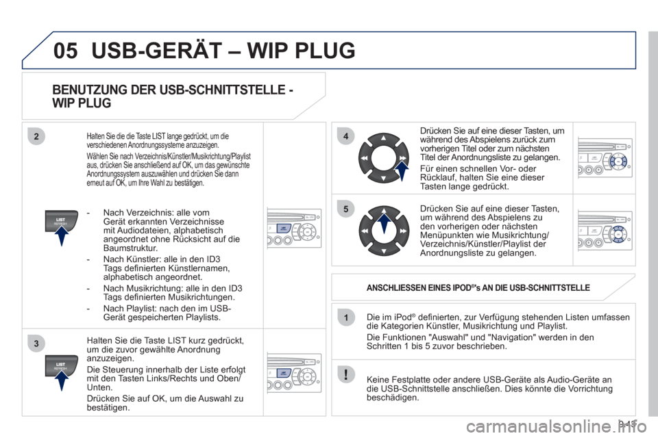 Peugeot Partner 2011 Betriebsanleitung (in German) 9.43
05
42
3
1
5
USB-GERÄT – WIP PLUG
BENUTZUNG DER USB-SCHNITTSTELLE -
WIP PLUG
Halten Sie die Taste LIST kurz gedrückt,
um die zuvor gewählte Anordnunganzuzeigen.
Die
Steuerung in Peugeot Partner 2011 Betriebsanleitung (in German) 9.43
05
42
3
1
5
USB-GERÄT – WIP PLUG
BENUTZUNG DER USB-SCHNITTSTELLE -
WIP PLUG
Halten Sie die Taste LIST kurz gedrückt,
um die zuvor gewählte Anordnunganzuzeigen.
Die
Steuerung in