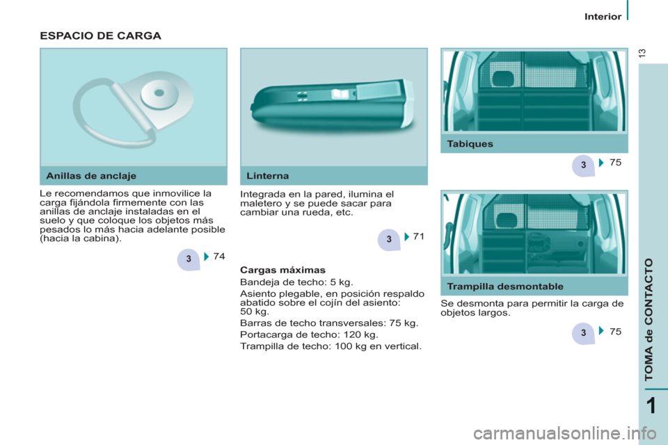 Peugeot Partner 2011  Manual del propietario (in Spanish) 3
3
3
3
13
1
TOMA de CONTACTO
   
 
Interior  
 
 
ESPACIO DE CARGA 
 
 
Le recomendamos que inmovilice la 
carga ﬁ jándola ﬁ rmemente con las 
anillas de anclaje instaladas en el 
suelo y que co