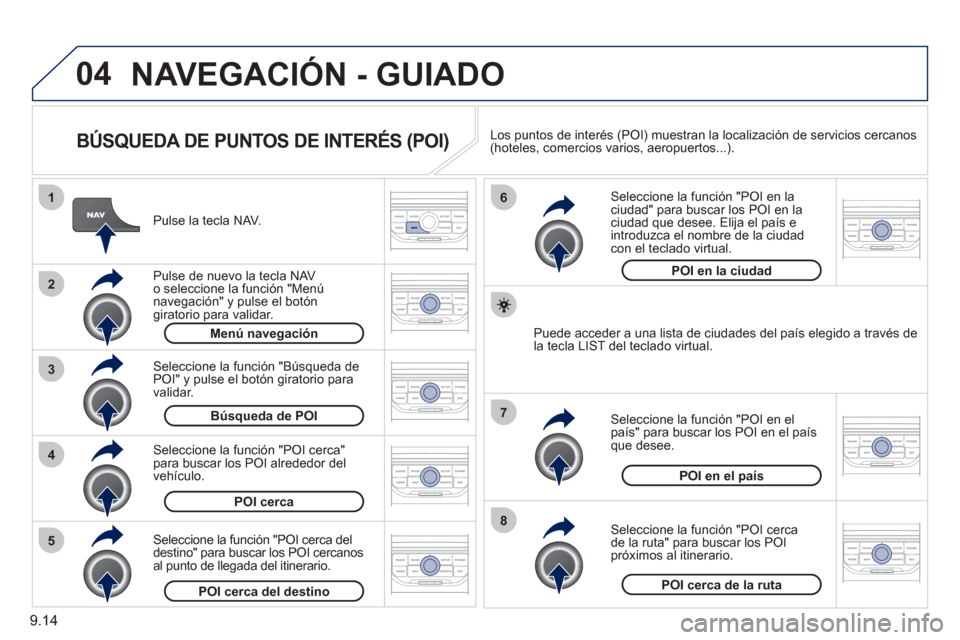 Peugeot Partner 2011 Manual del propietario (in Spanish) 9.14
04
8
6
7
4
3
5
2
1
NAVEGACIÓN - GUIADO
BÚSQUEDA DE PUNTOS DE INTERÉS (POI)
Pulse la tecla NAV.
P
ulse de nuevo la tecla NAVo seleccione la función "Menú navegación" y pulse el Peugeot Partner 2011 Manual del propietario (in Spanish) 9.14
04
8
6
7
4
3
5
2
1
NAVEGACIÓN - GUIADO
BÚSQUEDA DE PUNTOS DE INTERÉS (POI)
Pulse la tecla NAV.
P
ulse de nuevo la tecla NAVo seleccione la función "Menú navegación" y pulse el