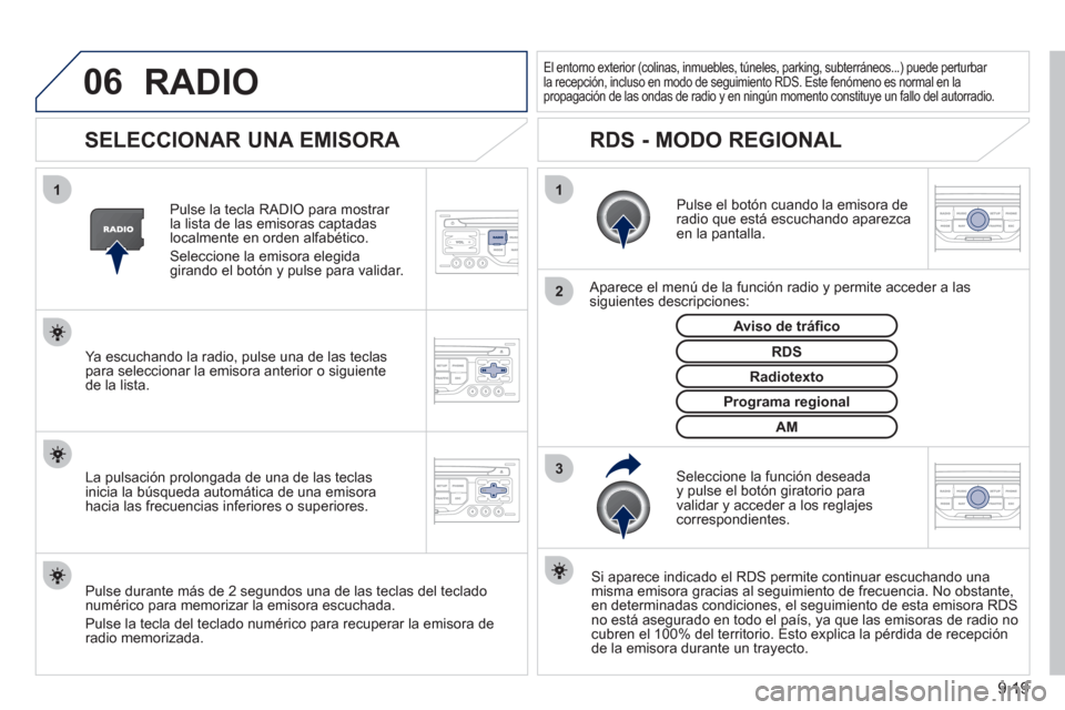 Peugeot Partner 2011 Manual del propietario (in Spanish) 9.19
06
3 2 1 1
SELECCIONAR UNA EMISORA
Pulse el botón cuando la emisora de radio que está escuchando aparezcaen la pantalla.
Aparece el menú de la función radio y permite a Peugeot Partner 2011 Manual del propietario (in Spanish) 9.19
06
3 2 1 1
SELECCIONAR UNA EMISORA
Pulse el botón cuando la emisora de radio que está escuchando aparezcaen la pantalla.
Aparece el menú de la función radio y permite a
