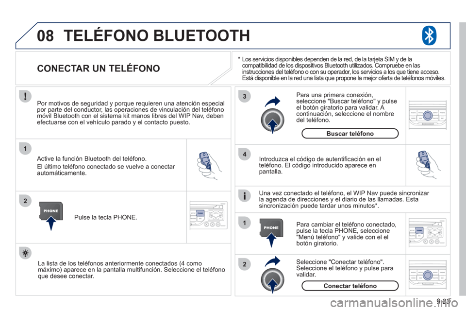 Peugeot Partner 2011  Manual del propietario (in Spanish) 9.23
08
1
2
3
2 1 4
*Los servicios disponibles dependen de la red, de la tarjeta SIM y de lacompatibilidad de los dispositivos Bluetooth utilizados. Compruebe en las 
instrucciones del teléfono o con