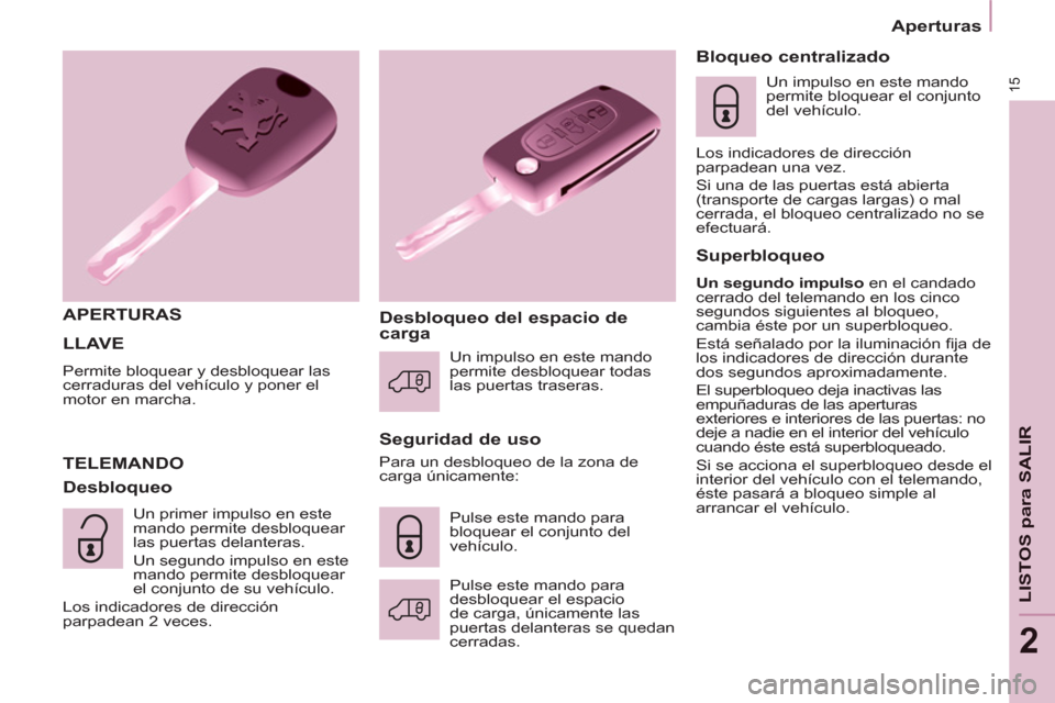 Peugeot Partner 2011  Manual del propietario (in Spanish) 15
LISTOS para SALIR
2
  LLAVE
 
Permite bloquear y desbloquear las 
cerraduras del vehículo y poner el 
motor en marcha. 
   
APERTURAS  
   
Seguridad de uso 
  TELEMANDO 
   
Desbloqueo    
Desblo