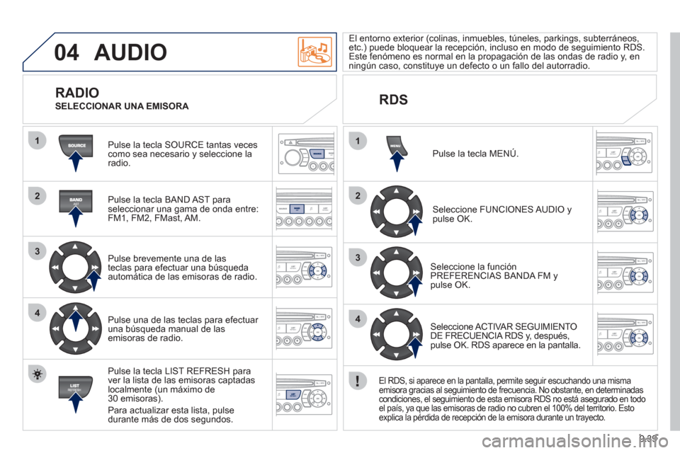 Peugeot Partner 2011 Manual del propietario (in Spanish) 9.39
04
1
2
3
4
1
2
3
4
AUDIO
Pulse la tecla SOURCE tantas vecescomo sea necesario y seleccione laradio.
Pulse la tecla BAND A
ST paraseleccionar una gama de onda entre:
FM1, FM2, FMast, AM. Peugeot Partner 2011 Manual del propietario (in Spanish) 9.39
04
1
2
3
4
1
2
3
4
AUDIO
Pulse la tecla SOURCE tantas vecescomo sea necesario y seleccione laradio.
Pulse la tecla BAND A
ST paraseleccionar una gama de onda entre:
FM1, FM2, FMast, AM.