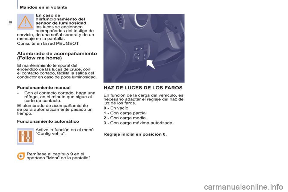 Peugeot Partner 2011 Manual del propietario (in Spanish) 48
En caso de
disfuncionamiento del
sensor de luminosidad
,
las luces se encienden
acompañadas del testigo de
servicio, de una señal sonora y de un
mensaje en la pantalla.
Consulte en Peugeot Partner 2011 Manual del propietario (in Spanish) 48
En caso de
disfuncionamiento del
sensor de luminosidad
,
las luces se encienden
acompañadas del testigo de
servicio, de una señal sonora y de un
mensaje en la pantalla.
Consulte en