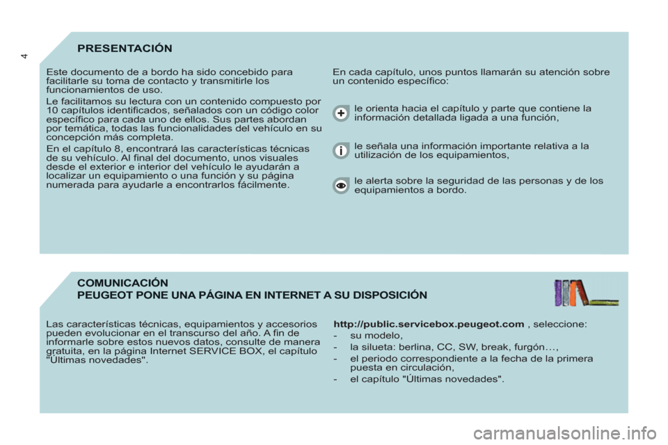 Peugeot Partner 2011  Manual del propietario (in Spanish) 4PRESENTACIÓN 
  En cada capítulo, unos puntos llamarán su atención sobre 
un contenido especíﬁ co:    Este documento de a bordo ha sido concebido para 
facilitarle su toma de contacto y transm