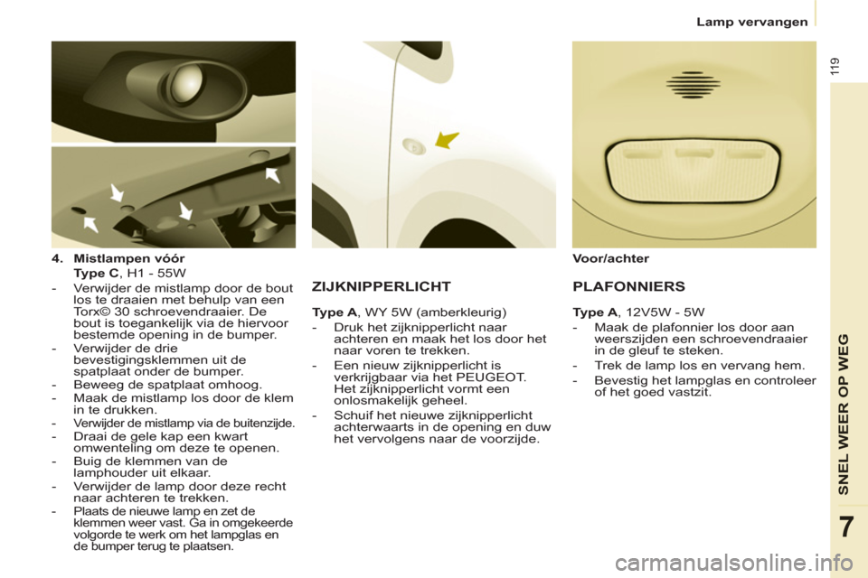 Peugeot Partner 2011 Handleiding (in Dutch) 11 9
SNEL WEER OP WE
G
7
Lamp vervangen
4.
Mistlampen vóór
Type C
, H1 - 55W
- Verwijder de mistlamp door de bout
los te draaien met behulp van een
Torx© 30 sc Peugeot Partner 2011 Handleiding (in Dutch) 11 9
SNEL WEER OP WE
G
7
Lamp vervangen
4.
Mistlampen vóór
Type C
, H1 - 55W
- Verwijder de mistlamp door de bout
los te draaien met behulp van een
Torx© 30 sc