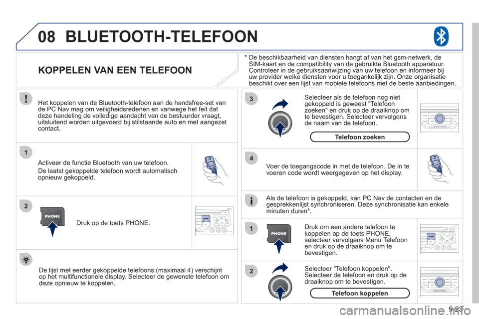 Peugeot Partner 2011 Handleiding (in Dutch) 9.23
08
1
2
3
2 1 4
*
De beschikbaarheid van diensten hangt af van het gsm-netwerk, de SIM-kaart en de compatibility van de gebruikte Bluetooth apparatuur. Controleer in de gebruiksaanwijzing van Peugeot Partner 2011 Handleiding (in Dutch) 9.23
08
1
2
3
2 1 4
*
De beschikbaarheid van diensten hangt af van het gsm-netwerk, de SIM-kaart en de compatibility van de gebruikte Bluetooth apparatuur. Controleer in de gebruiksaanwijzing van