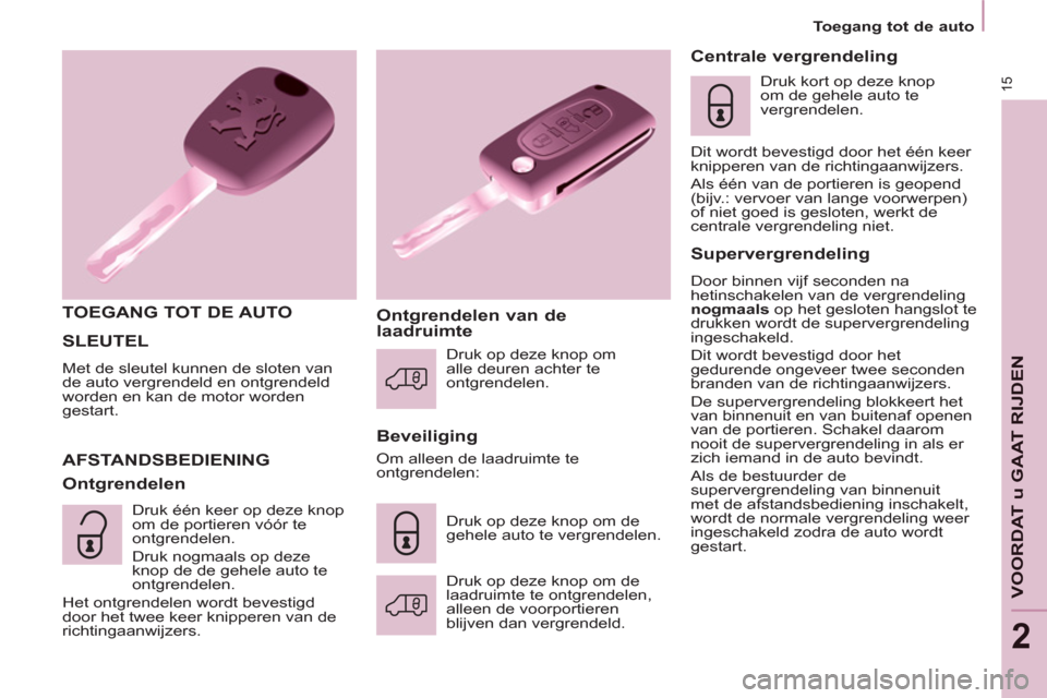 Peugeot Partner 2011  Handleiding (in Dutch) 15
VOORDAT u GAAT RIJDE
N
2
  SLEUTEL
 
Met de sleutel kunnen de sloten van 
de auto vergrendeld en ontgrendeld 
worden en kan de motor worden 
gestart. 
   
TOEGANG TOT DE AUTO  
   
Beveiliging 
  A