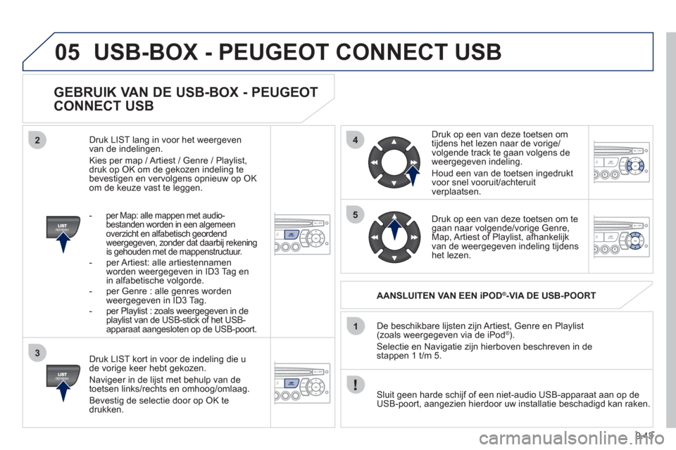 Peugeot Partner 2011  Handleiding (in Dutch) 9.43
05
42
3
1
5
USB-BOX - PEUGEOT CONNECT USB
   
GEBRUIK VAN DE USB-BOX - PEUGEOT 
CONNECT USB 
   
Druk LIST kort in voor de indeling die u de vorige keer hebt gekozen. 
  Navi
geer in de lijst met