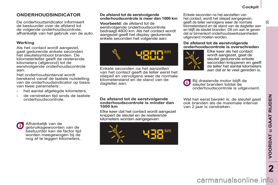 Peugeot Partner 2011  Handleiding (in Dutch) 35
VOORDAT u GAAT RIJDE
N
22
   
 
Cockpit  
 
 
ONDERHOUDSINDICATOR 
 
De onderhoudsindicator informeert 
de bestuurder over de afstand tot 
de volgende onderhoudscontrole, 
afhankelijk van het gebru