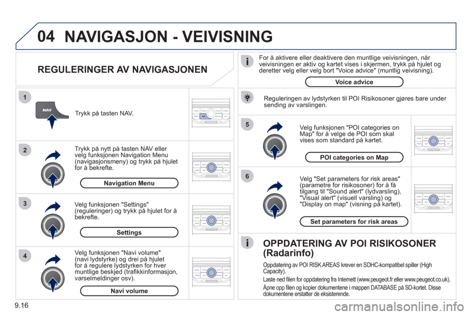 Peugeot Partner 2011 Brukerhåndbok (in Norwegian) 9.16
04
5
6
3 2 1
4
REGULERINGER AV NAVIGASJONEN
Ve lg "Set parameters for risk areas"(parametre for risikosoner) for å få
tilgang til "Sound alert" (lydvarsling), "Visual alert" (visuell v Peugeot Partner 2011 Brukerhåndbok (in Norwegian) 9.16
04
5
6
3 2 1
4
REGULERINGER AV NAVIGASJONEN
Ve lg "Set parameters for risk areas"(parametre for risikosoner) for å få
tilgang til "Sound alert" (lydvarsling), "Visual alert" (visuell v