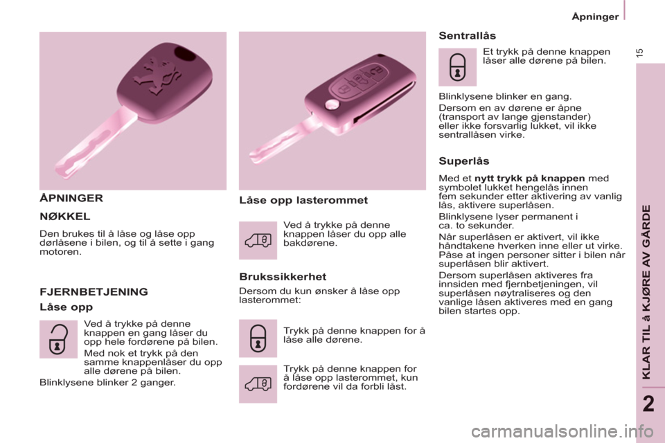 Peugeot Partner 2011  Brukerhåndbok (in Norwegian) 15
KLAR TIL å KJ
ØRE AV G
ÅRD
E
2
  NØKKEL 
 
Den brukes til å låse og låse opp 
dørlåsene i bilen, og til å sette i gang 
motoren. 
   
ÅPNINGER  
   
Brukssikkerhet 
  FJERNBETJENING 
   