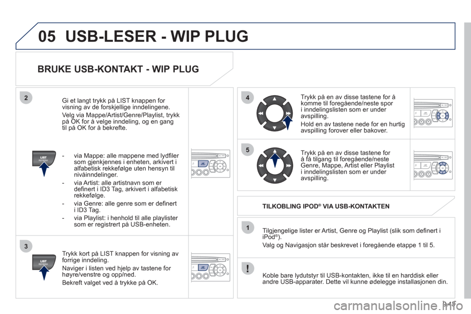 Peugeot Partner 2011 Brukerhåndbok (in Norwegian) 9.43
05
42
3
1
5
USB-LESER - WIP PLUG
BRUKE USB-KONTAKT - WIP PLUG
Trykk kort på LIST knappen for visning av
forrige inndeling.
Navi
ger i listen ved hjelp av tastene for høyre/venstre o Peugeot Partner 2011 Brukerhåndbok (in Norwegian) 9.43
05
42
3
1
5
USB-LESER - WIP PLUG
BRUKE USB-KONTAKT - WIP PLUG
Trykk kort på LIST knappen for visning av
forrige inndeling.
Navi
ger i listen ved hjelp av tastene for høyre/venstre o