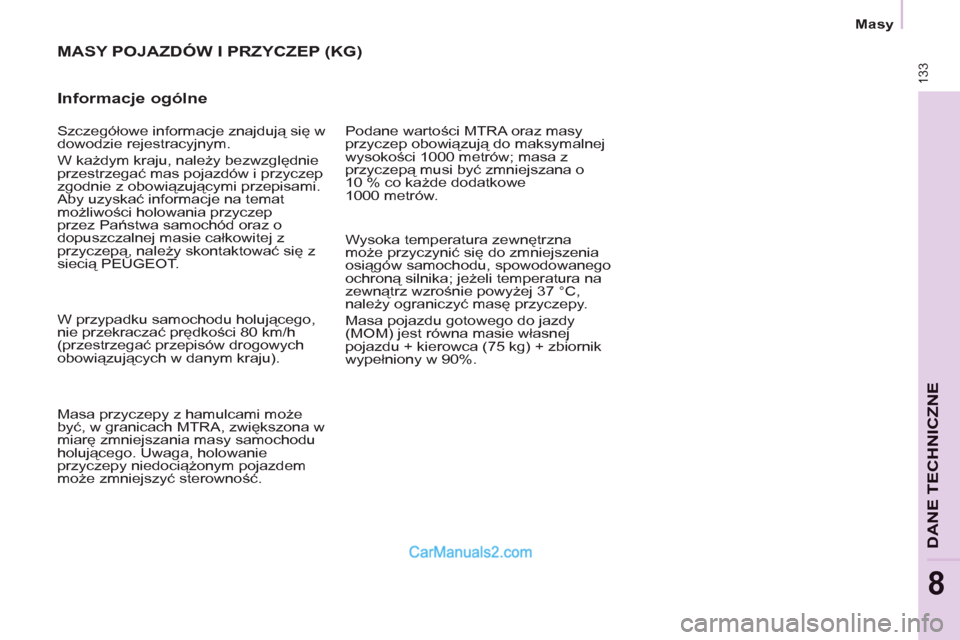 Peugeot Partner 2011 Instrukcja Obsługi (in Polish) 133
DANE TECHNICZNE
8
Masy
MASY POJAZDÓW I PRZYCZEP (KG)
Informacje ogólne
Podane wartości MTRA oraz masy
przyczep obowiązują do maksymalnej
wysokości 1000 metrów; masa z
prz Peugeot Partner 2011 Instrukcja Obsługi (in Polish) 133
DANE TECHNICZNE
8
Masy
MASY POJAZDÓW I PRZYCZEP (KG)
Informacje ogólne
Podane wartości MTRA oraz masy
przyczep obowiązują do maksymalnej
wysokości 1000 metrów; masa z
prz