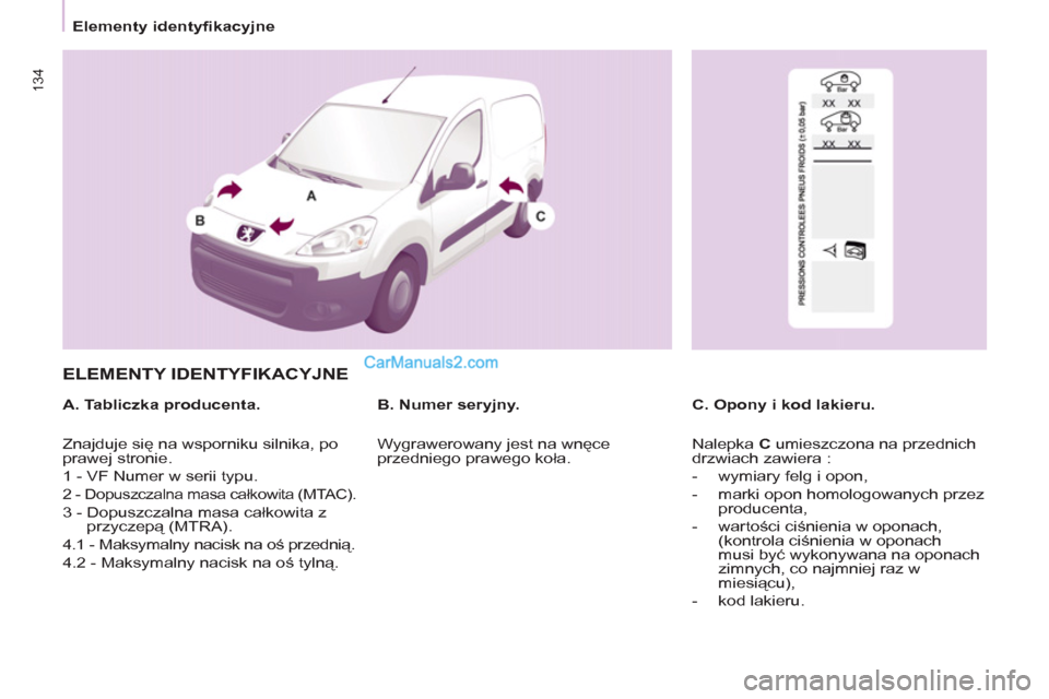 Peugeot Partner 2011 Instrukcja Obsługi (in Polish) 134
Elementy identyfikacyjne
ELEMENTY IDENTYFIKACYJNE
A. Tabliczka producenta.
C. Opony i kod lakieru.
B. Numer seryjny.
Znajduje się na wsporniku silnika, po
prawej st Peugeot Partner 2011 Instrukcja Obsługi (in Polish) 134
Elementy identyfikacyjne
ELEMENTY IDENTYFIKACYJNE
A. Tabliczka producenta.
C. Opony i kod lakieru.
B. Numer seryjny.
Znajduje się na wsporniku silnika, po
prawej st