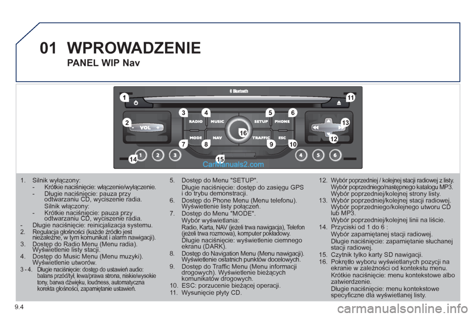 Peugeot Partner 2011 Instrukcja Obsługi (in Polish) 9.4
01
1
55
101
22
334466
131
111
99
144155
77881212161
1. Silnik wyłączony: - Krótkie naciśnięcie: włączenie/wyłączenie.- Długie naciśnięcie: pauza przyodtwarzaniu CD, wyciszenie radia. Peugeot Partner 2011 Instrukcja Obsługi (in Polish) 9.4
01
1
55
101
22
334466
131
111
99
144155
77881212161
1. Silnik wyłączony: - Krótkie naciśnięcie: włączenie/wyłączenie.- Długie naciśnięcie: pauza przyodtwarzaniu CD, wyciszenie radia.