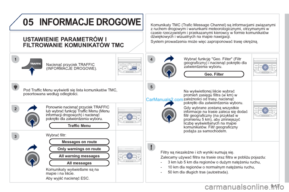 Peugeot Partner 2011 Instrukcja Obsługi (in Polish) 9.17
05
2 1
3
4
5
INFORMACJE DROGOWE
USTAWIENIE PARAMETRÓW I
FILTROWANIE KOMUNIKATÓW TMC
Na wyświetlonej liście wybraćpromień zasięgu fi ltra (w km) w
zależności od tr Peugeot Partner 2011 Instrukcja Obsługi (in Polish) 9.17
05
2 1
3
4
5
INFORMACJE DROGOWE
USTAWIENIE PARAMETRÓW I
FILTROWANIE KOMUNIKATÓW TMC
Na wyświetlonej liście wybraćpromień zasięgu fi ltra (w km) w
zależności od tr