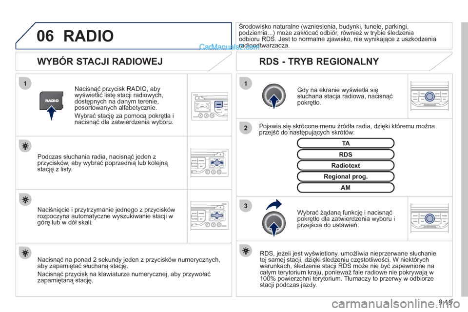 Peugeot Partner 2011 Instrukcja Obsługi (in Polish) 9.19
06
3 2 1 1
WYBÓR STACJI RADIOWEJ
Gdy na ekranie wyświetla się słuchana stacja radiowa, nacisnąćpokrętło.
Pojawia się skrócone menu źródła radia, dzięki któremu Peugeot Partner 2011 Instrukcja Obsługi (in Polish) 9.19
06
3 2 1 1
WYBÓR STACJI RADIOWEJ
Gdy na ekranie wyświetla się słuchana stacja radiowa, nacisnąćpokrętło.
Pojawia się skrócone menu źródła radia, dzięki któremu