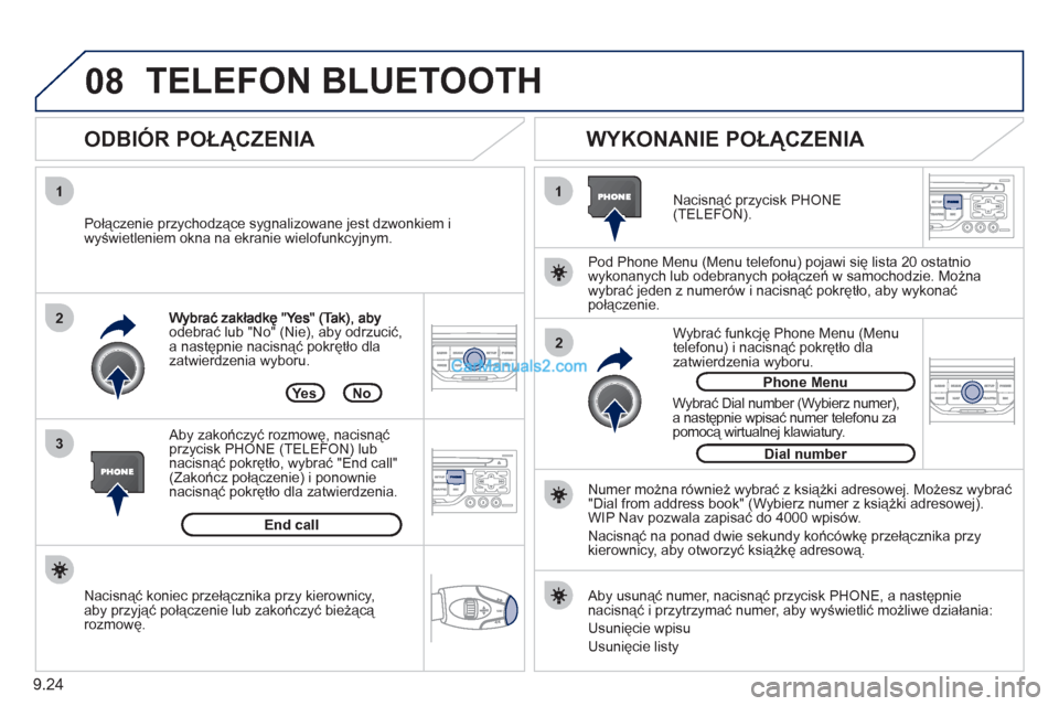 Peugeot Partner 2011 Instrukcja Obsługi (in Polish) 9.24
08
1
3 2
2 1odebrać lub "No" (Nie), aby odrzucić, a następnie nacisnąć pokrętło dla zatwierdzenia wyboru.
ODBIÓR POŁĄCZENIA
WYKONANIE POŁĄCZENIA
Połączenie przychodzące Peugeot Partner 2011 Instrukcja Obsługi (in Polish) 9.24
08
1
3 2
2 1odebrać lub "No" (Nie), aby odrzucić, a następnie nacisnąć pokrętło dla zatwierdzenia wyboru.
ODBIÓR POŁĄCZENIA
WYKONANIE POŁĄCZENIA
Połączenie przychodzące