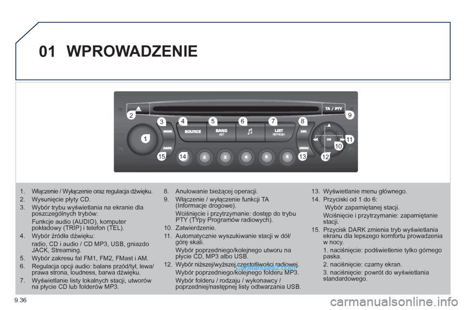 Peugeot Partner 2011 Instrukcja Obsługi (in Polish) 9.36
01
1
22
10101111
133144155
33445566778899
122
WPROWADZENIE
1.Włączenie / Wyłączenie oraz regulacja dźwięku.
2. Wysunięcie płyty CD.
3. Wybór trybu wyświetlania na ekranie dlaposzczeg Peugeot Partner 2011 Instrukcja Obsługi (in Polish) 9.36
01
1
22
10101111
133144155
33445566778899
122
WPROWADZENIE
1.Włączenie / Wyłączenie oraz regulacja dźwięku.
2. Wysunięcie płyty CD.
3. Wybór trybu wyświetlania na ekranie dlaposzczeg